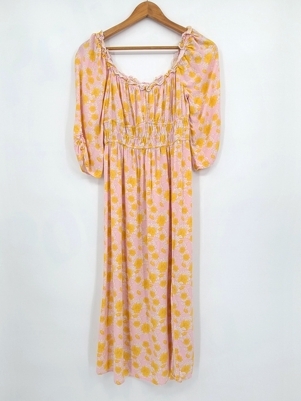 Haven Hearts Pink Yellow Floral Dress Cottagecore Coquette Milkmaid Midi Size M